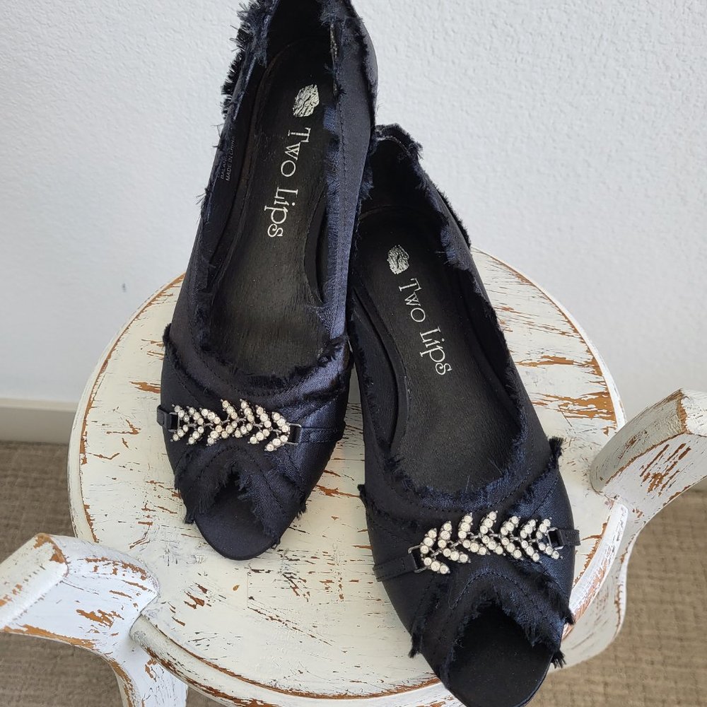Two Lips Black Satin Peep Toe Flats - NWOT